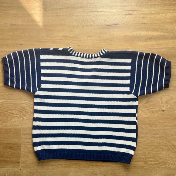 Vintage Jeanne Pierre Navy & White Graphic Knit Top S | Short Sleeve V-Neck - Picture 6 of 8